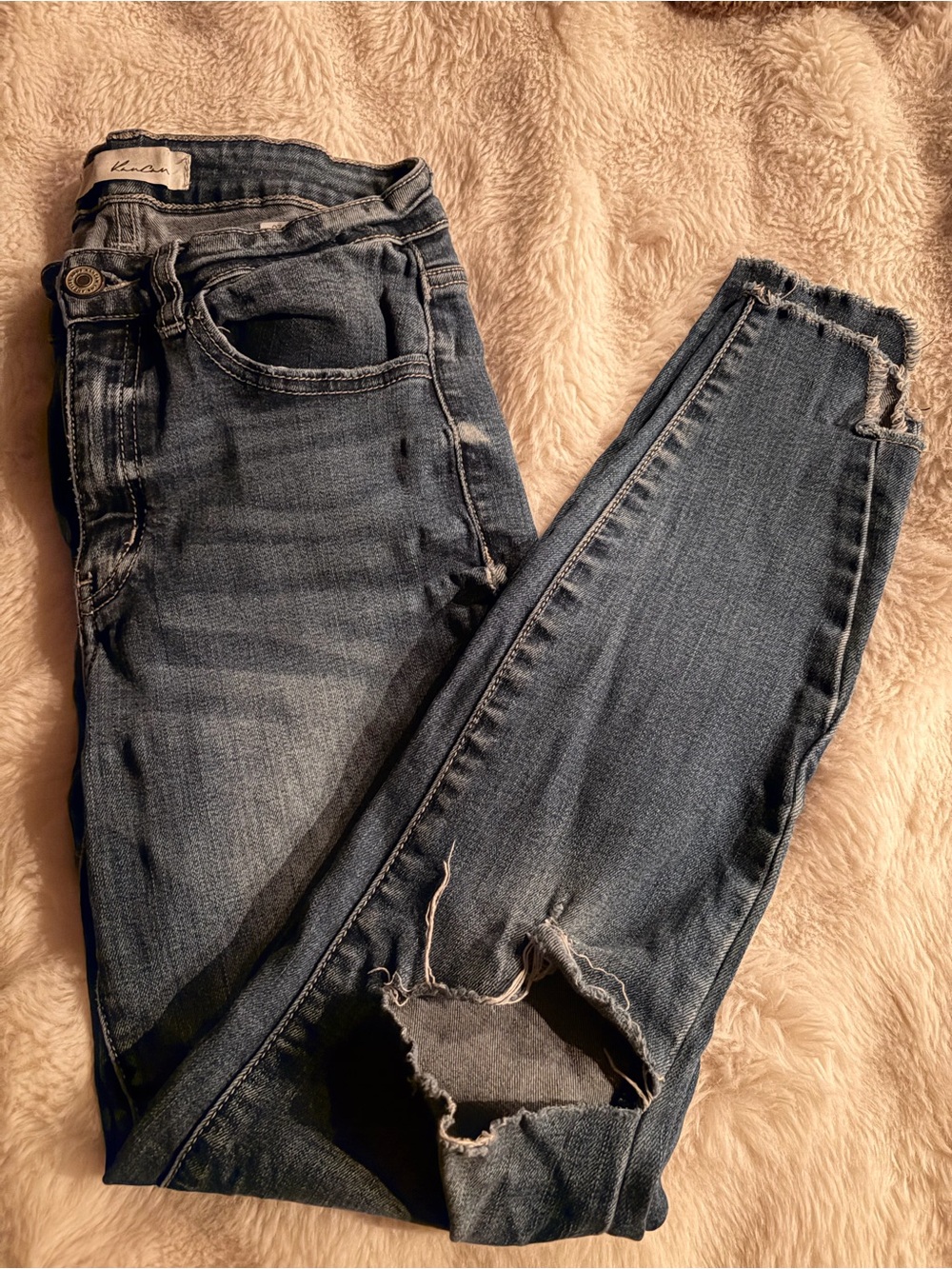 KanCan Dark Blue Skinny Jeans with Distressed Knee